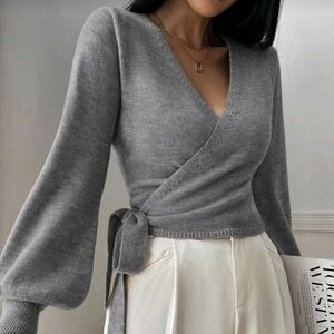 New Chic Wrap Knit Sweater Top Bishop Long Sleeve Gray